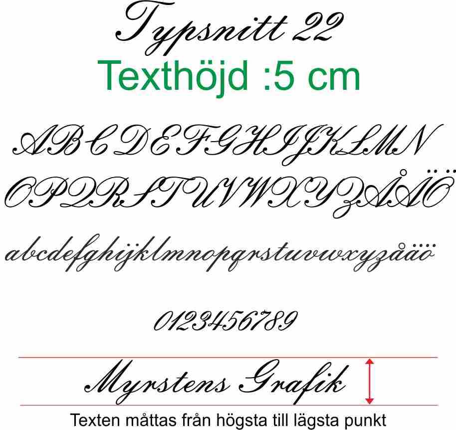 Typsnitt nr 22 Egen textdekor, pris per bokstav. Höjd 5 cm.
