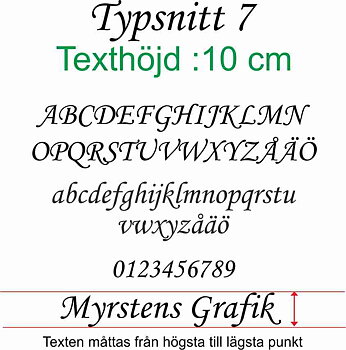 Typsnitt nr 7 Egen textdekor, pris per bokstav. Höjd 10 cm.