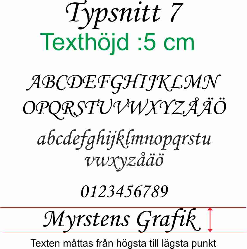 Typsnitt nr 7 Egen textdekor, pris per bokstav. Höjd 5 cm.