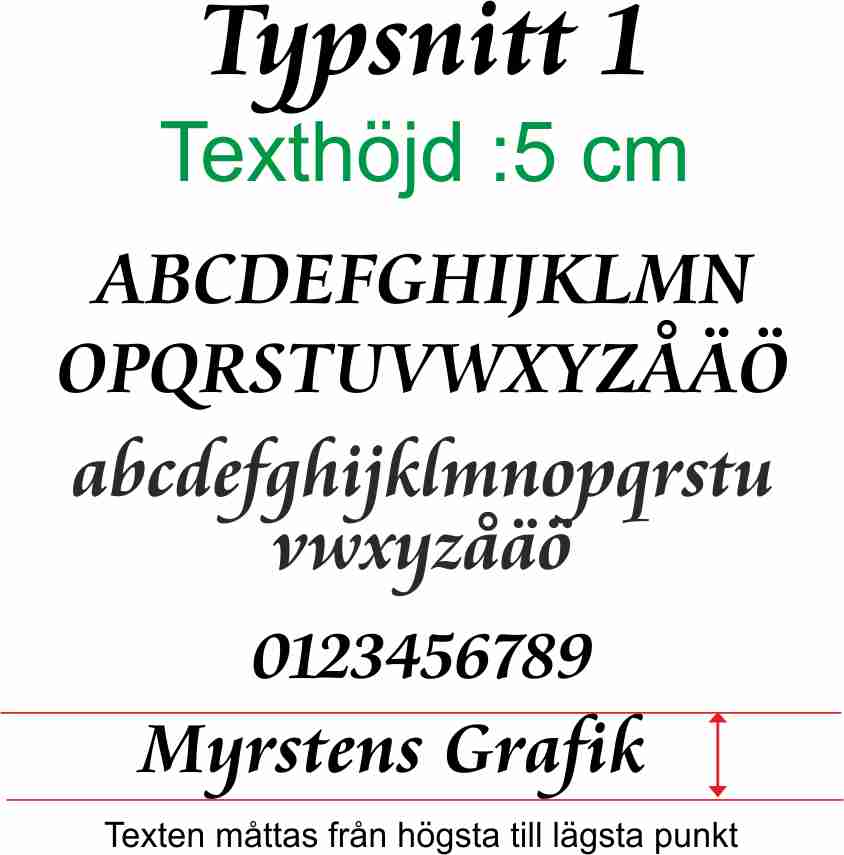 Typsnitt nr 1 Egen textdekor, pris per bokstav. Höjd 5 cm.