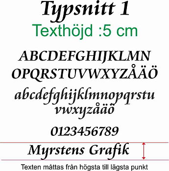 Typsnitt nr 1 Egen textdekor, pris per bokstav. Höjd 5 cm.