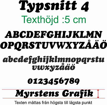 Typsnitt nr 4 Egen textdekor, pris per bokstav. Höjd 5 cm.