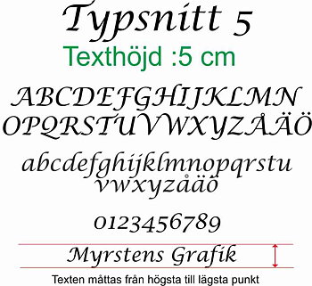 Typsnitt nr 5 Egen textdekor, pris per bokstav. Höjd 5 cm.
