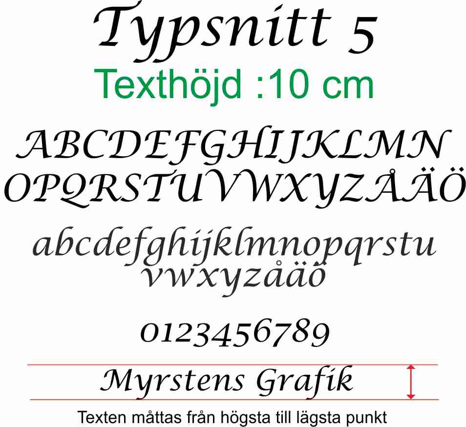 Typsnitt nr 5 Egen textdekor, pris per bokstav. Höjd 10 cm.