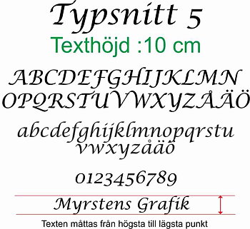 Typsnitt nr 5 Egen textdekor, pris per bokstav. Höjd 10 cm.