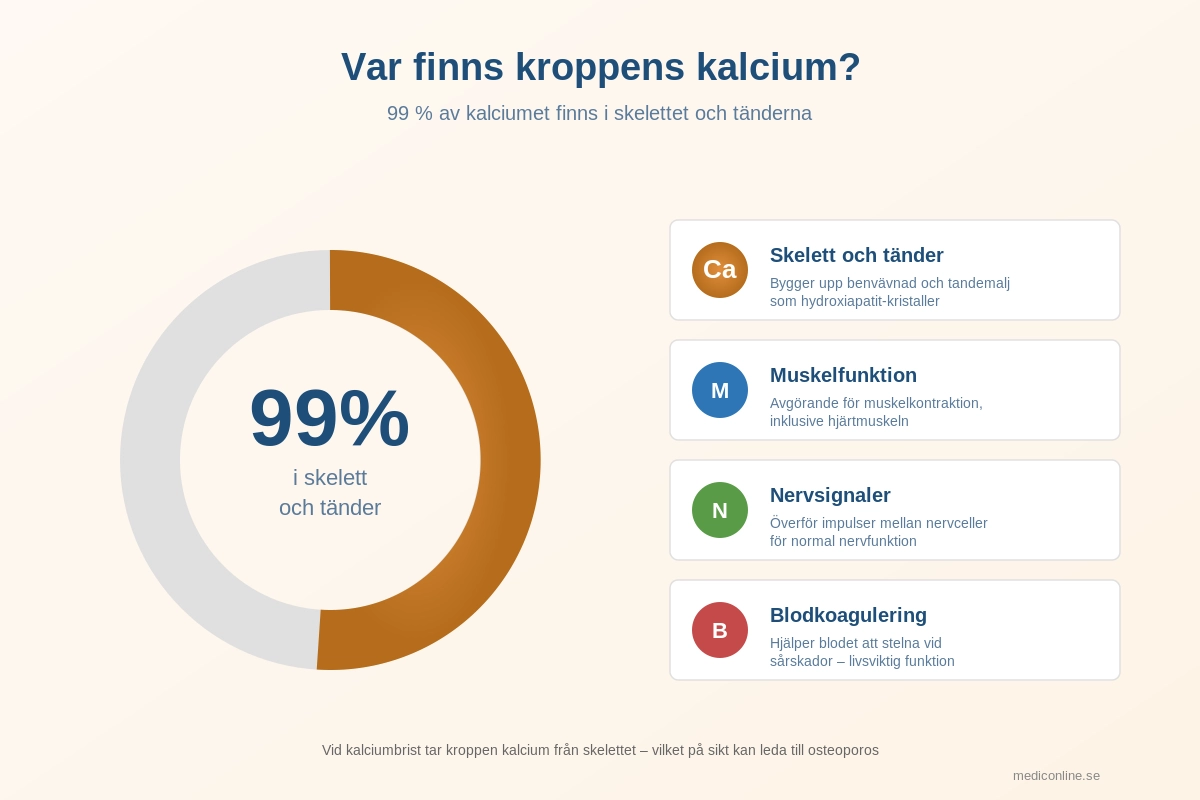 Anatomisk illustration som visar att 99 procent av kroppens kalcium finns i skelett och tänder