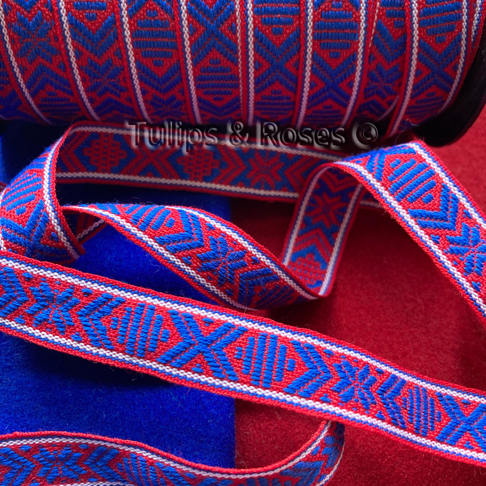 Traditional folk art ribbon 15 mm blue on red 1068-53 - 2