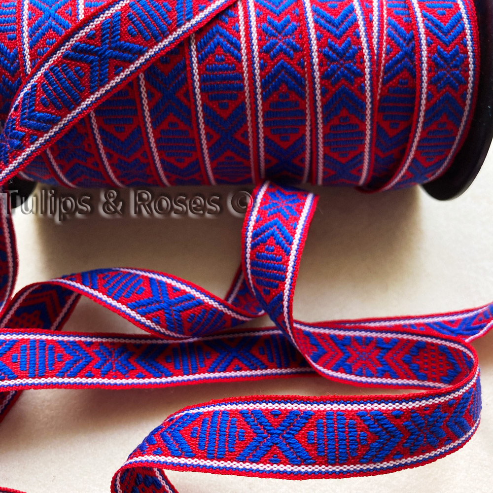 Traditional folk art ribbon 15 mm blue on red 1068-53