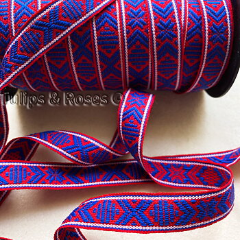 Traditional folk art ribbon 15 mm blue on red 1068-53