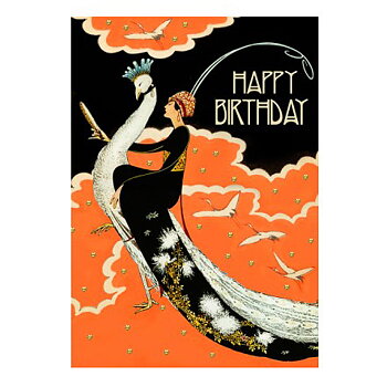 Double Card Happy Birthday Art Deco Lady on Bird