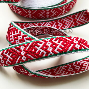Folk art ribbon 25 mm red on white with green stripe 1186