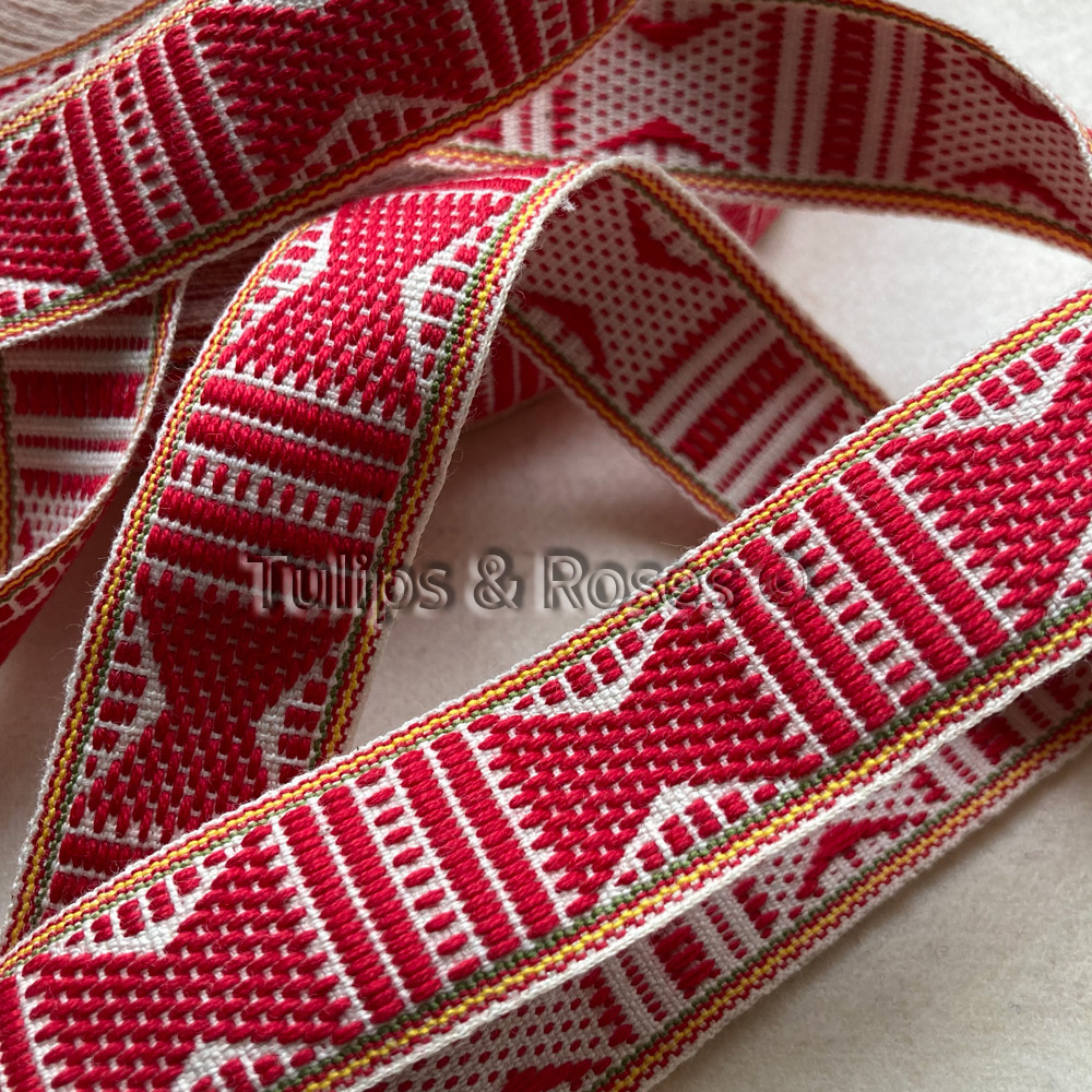 Folk art ribbon 25 mm red on unbleached white with yellow green stripe 1344-1