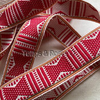 Folk art ribbon 25 mm red on unbleached white with yellow green stripe 1344-1