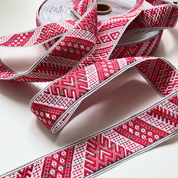Folk Art Ribbon 30 mm red  on  whith  and a green line 1198-1