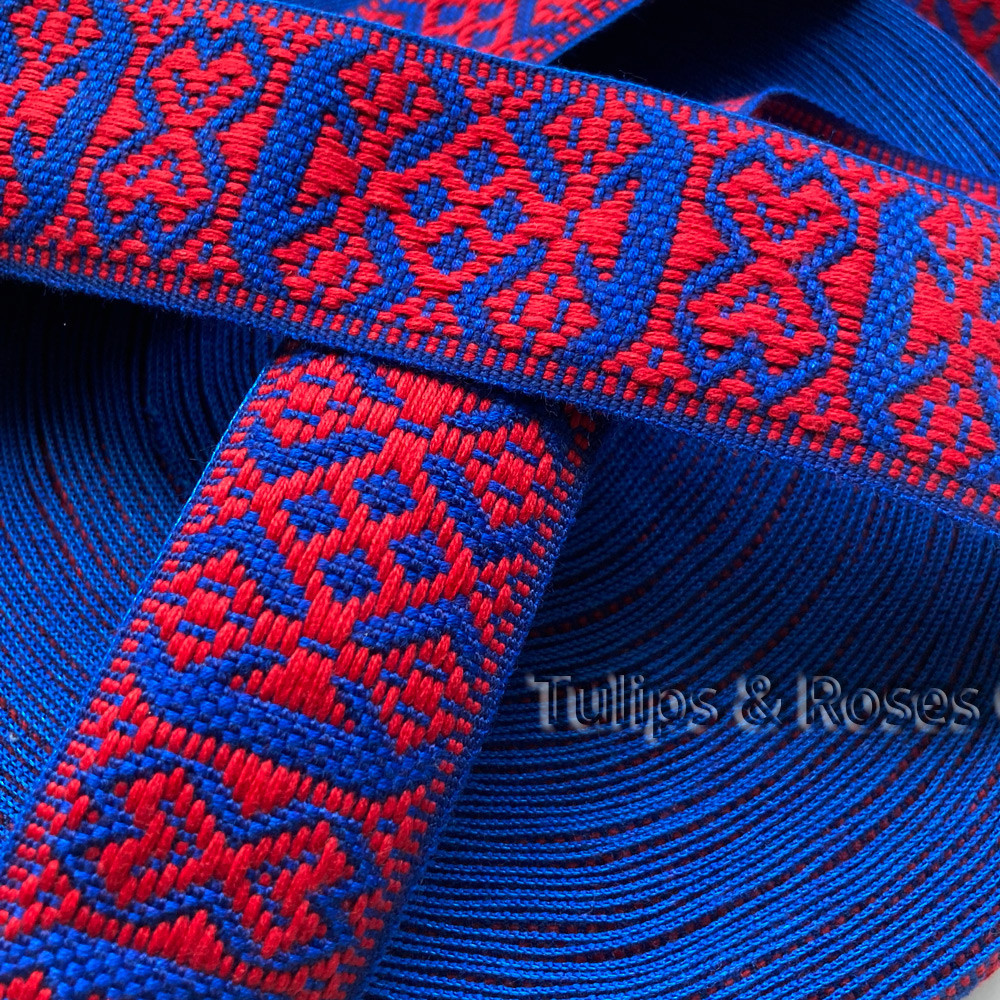 Folk art ribbon 40 mm red on blue 1194-4 - 2