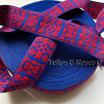Folk art ribbon 40 mm red on blue 1194-4