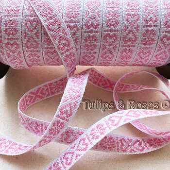 Folk art ribbon 11mm hearts pink on whitw 1241-22