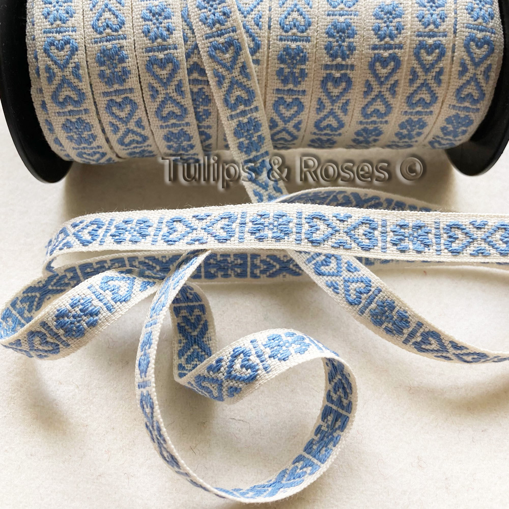 Folk art ribbon 11mm hearts light blue on unbleached white 1241-12