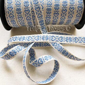 Folk art ribbon 11mm hearts light blue on unbleached white 1241-12