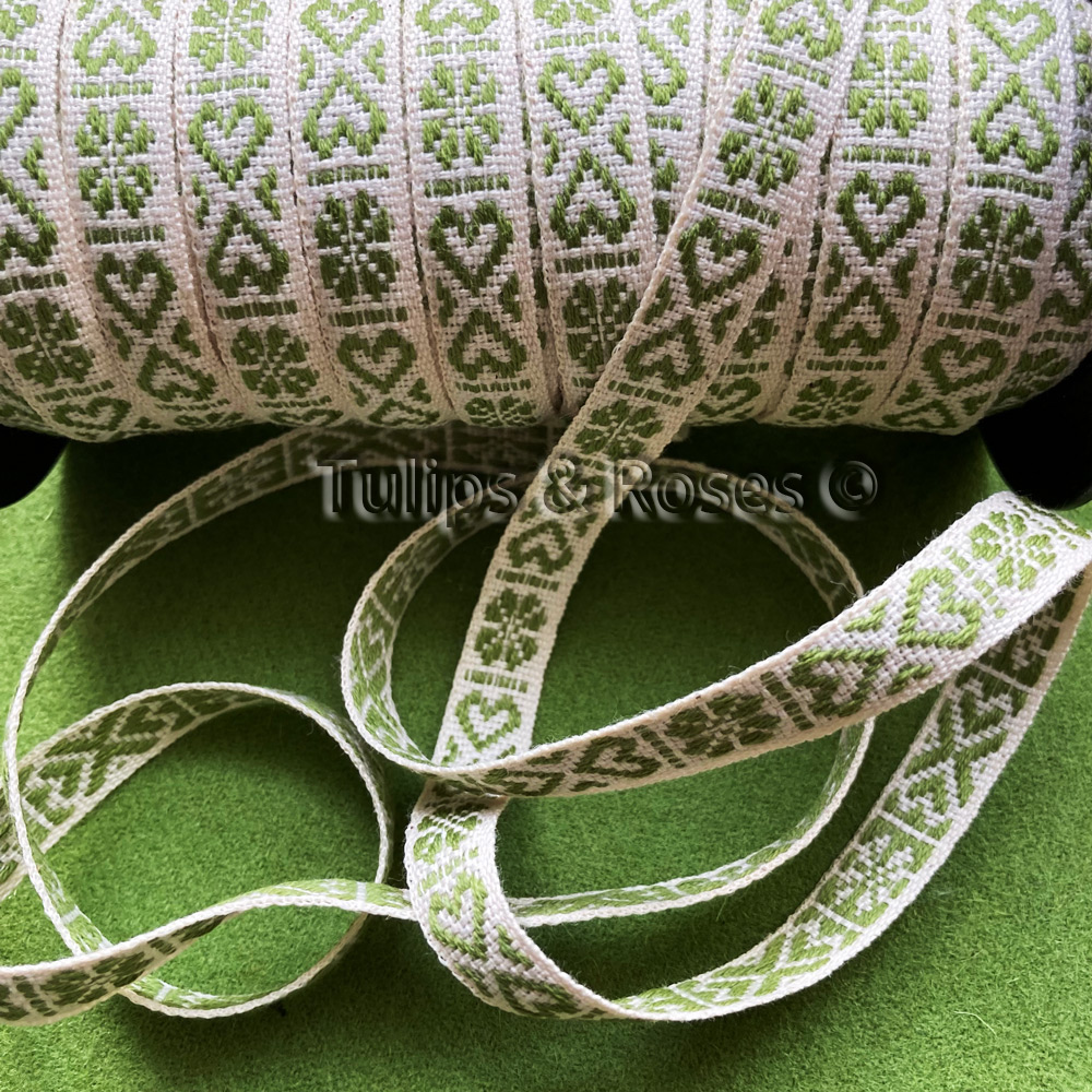 Folk art ribbon 11mm hearts lime green on unbleached white 1241-4 - 3