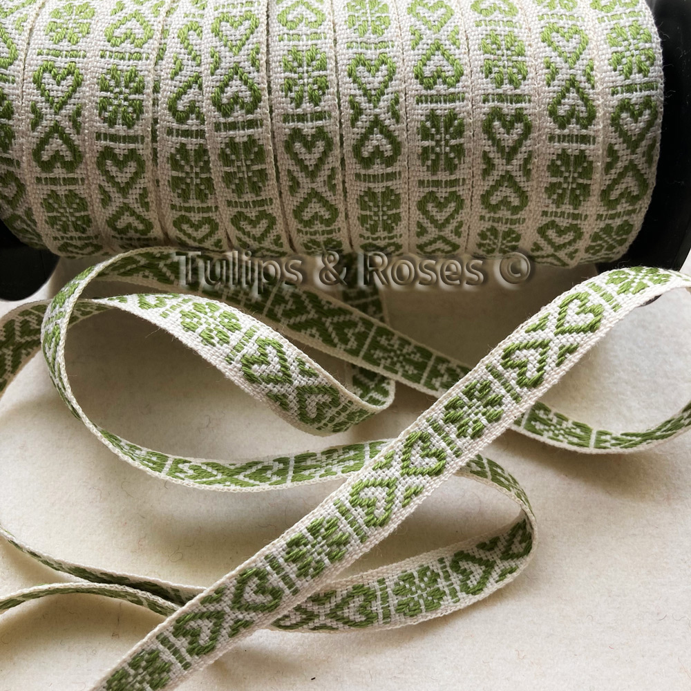 Folk art ribbon 11mm hearts lime green on unbleached white 1241-4