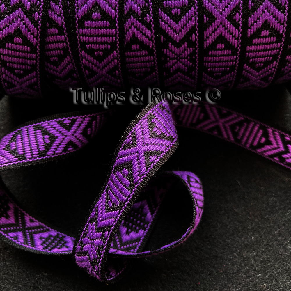 Traditional folk art ribbon 15 mm purple on black 1068-30 - 2