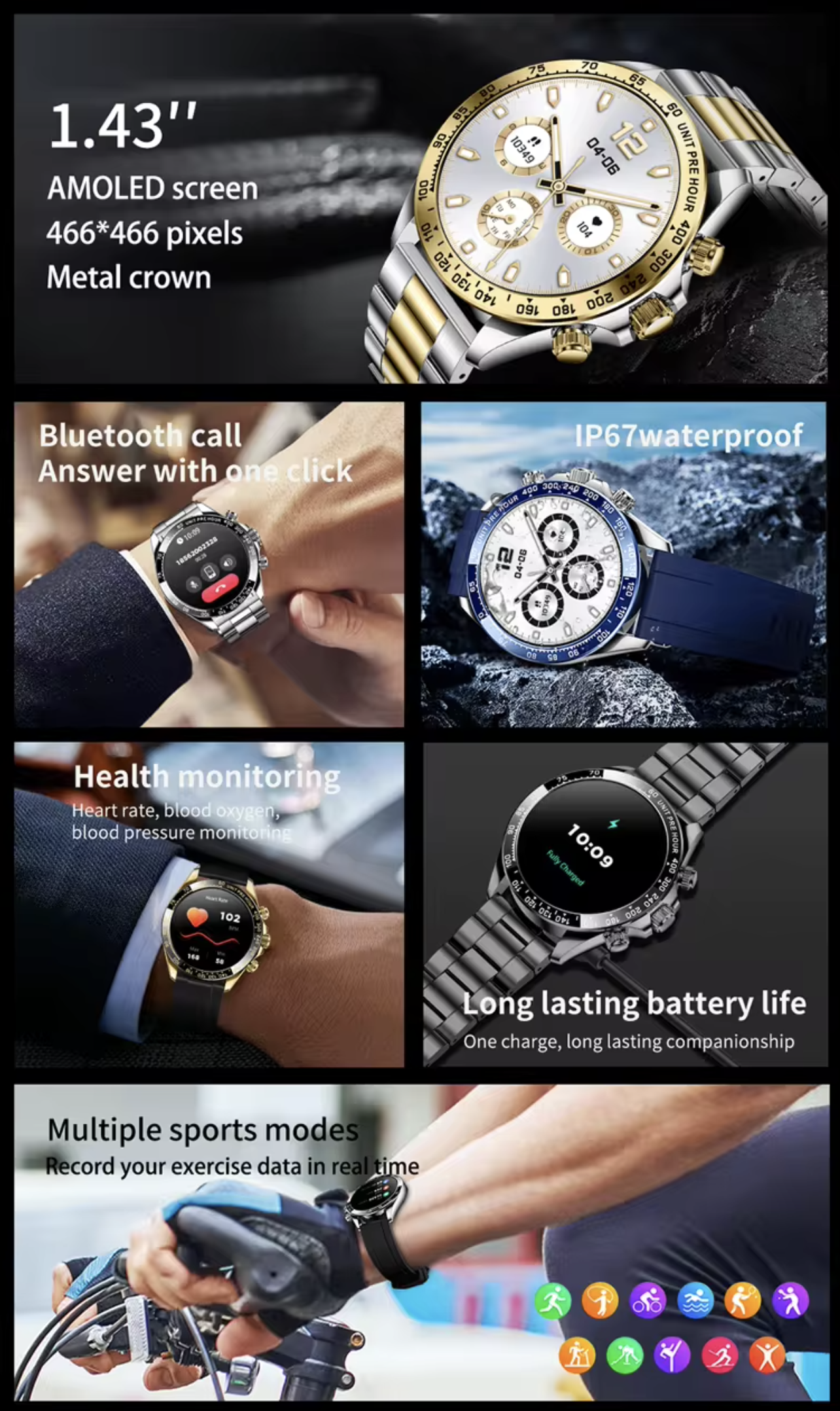 Philippe Palmer Smart Watch LP89 AMOLED Silver Gold Steel - 7