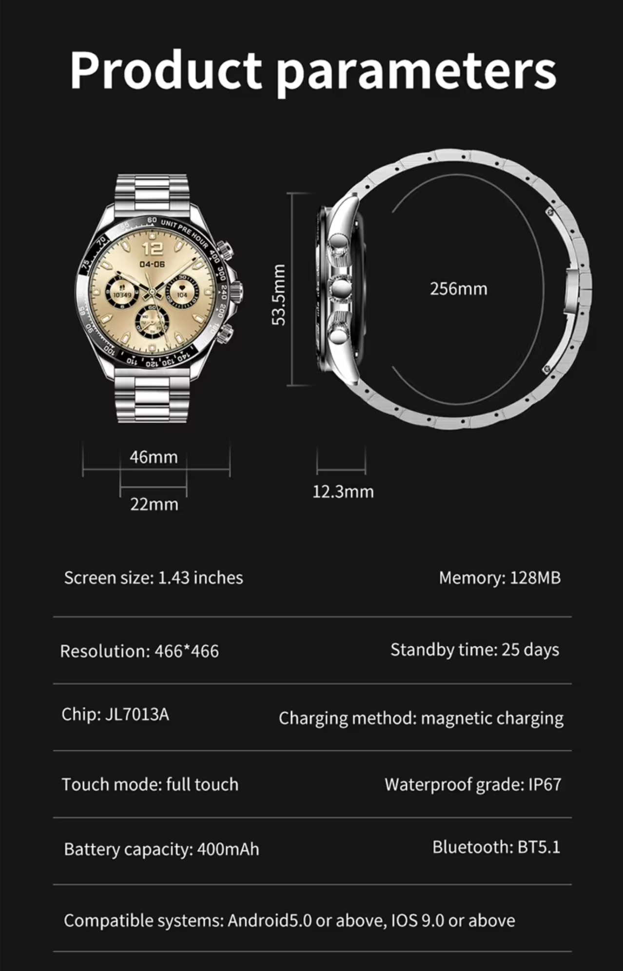 Philippe Palmer Smart Watch LP89 AMOLED Silver Gold Steel - 22
