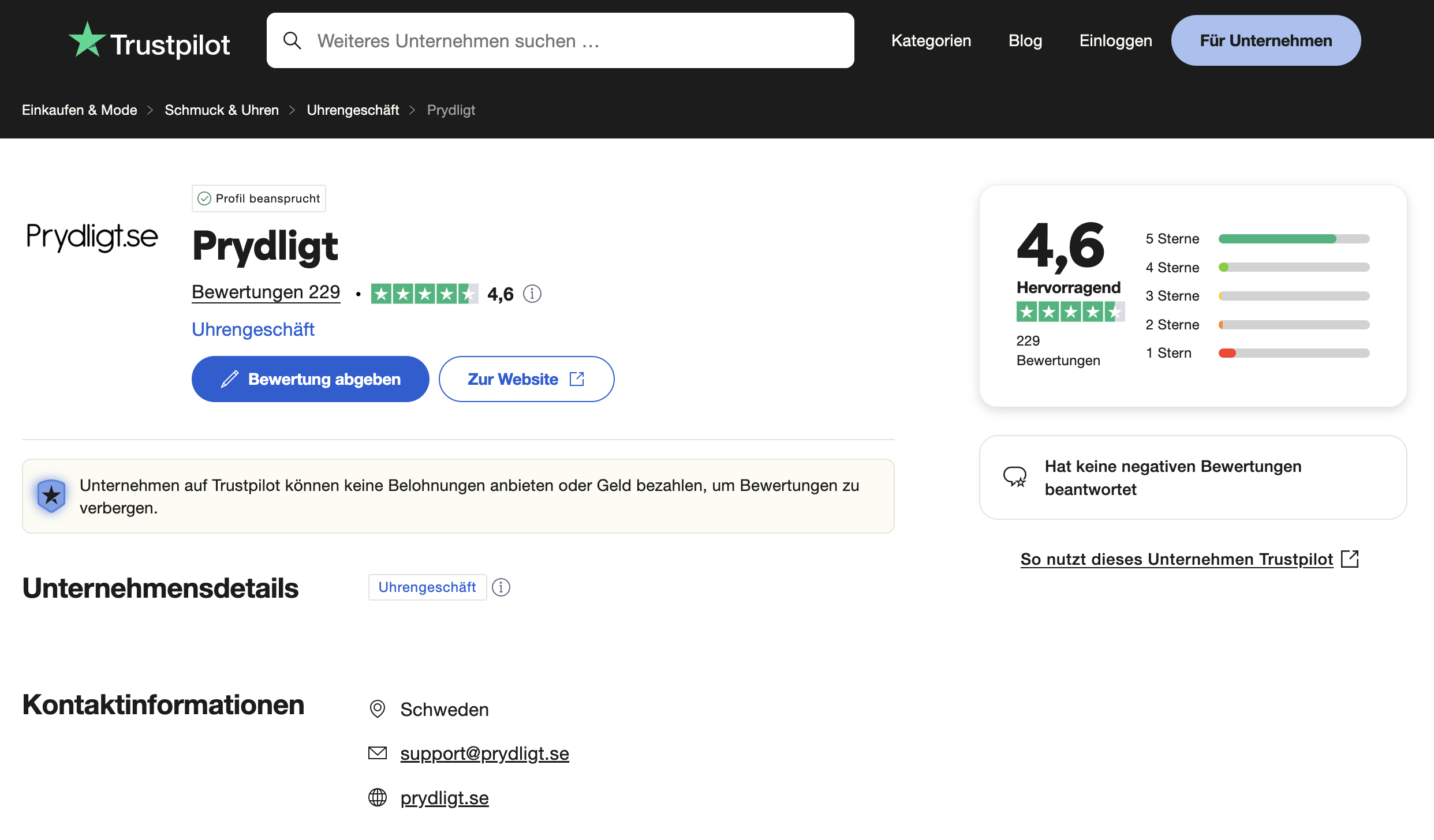 Trustpilot-Bewertung von Prydligt.de