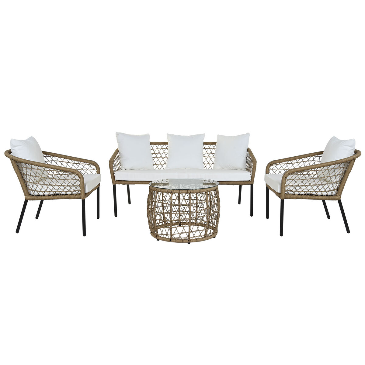 Set med bord och 3 fåtöljer DKD Home Decor Vit 137 x 73,5 x 66,5 cm syntetisk rattan Stål