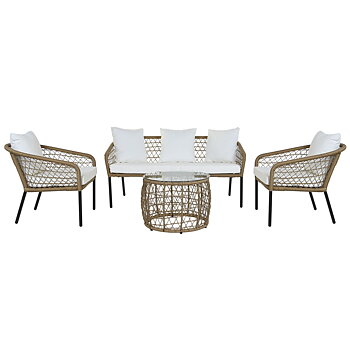 Set med bord och 3 fåtöljer DKD Home Decor Vit 137 x 73,5 x 66,5 cm syntetisk rattan Stål