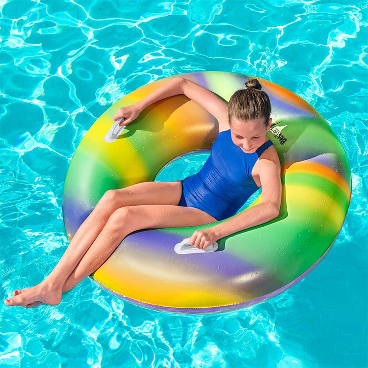 Bestway Flytande Uppblåsbar Flotte med Handtag Regnbåge D119 cm +12 År Strand och Pool 36352 - 3