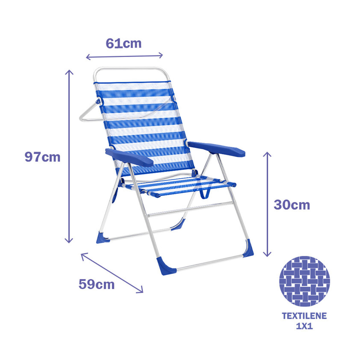 Marbueno Fåtölj vikbar 5 lägen Aluminium Randig Blå och Vit Strand och Pool 59X61X97 cm 10315 - 3