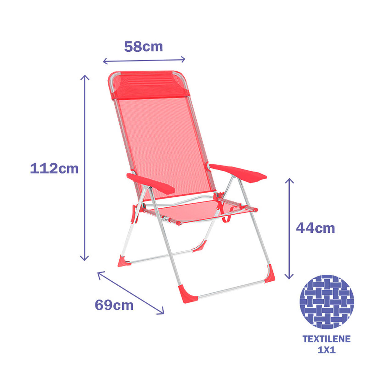 Marbueno Hopfällbar Stol 5 Positioner Aluminium med Kudde Korall Strand och Pool 69X58X110 cm 10360 - 3