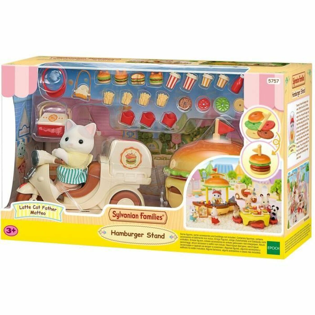 Tillbehör till dockhus Sylvanian Families Puesto de hamburguesas - Papa Latte Cat y Scooter 30 Delar