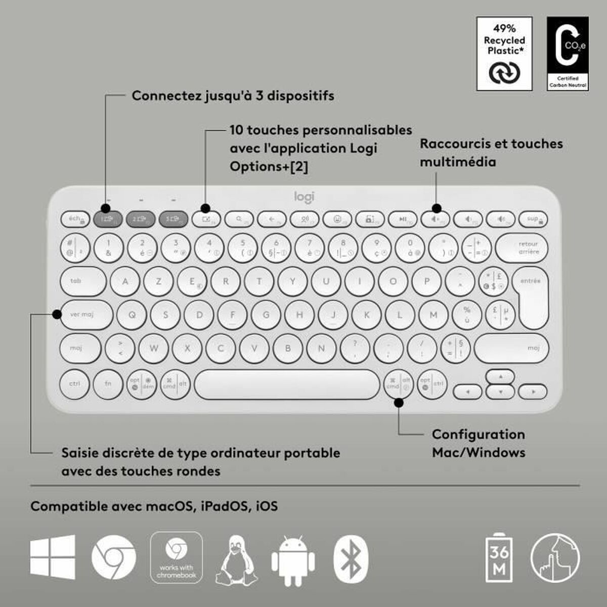 Bluetooth-tangentbord med tabletthållare Logitech K380 Franska Vit AZERTY - 2