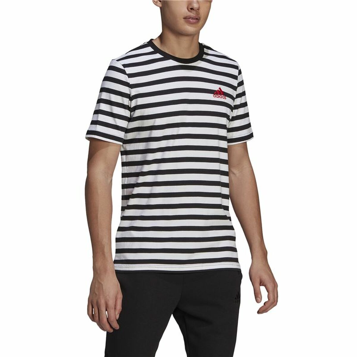 T-shirt med kortärm Herr  Essentials Stripey  Adidas Embroidered Logo Svart - 8