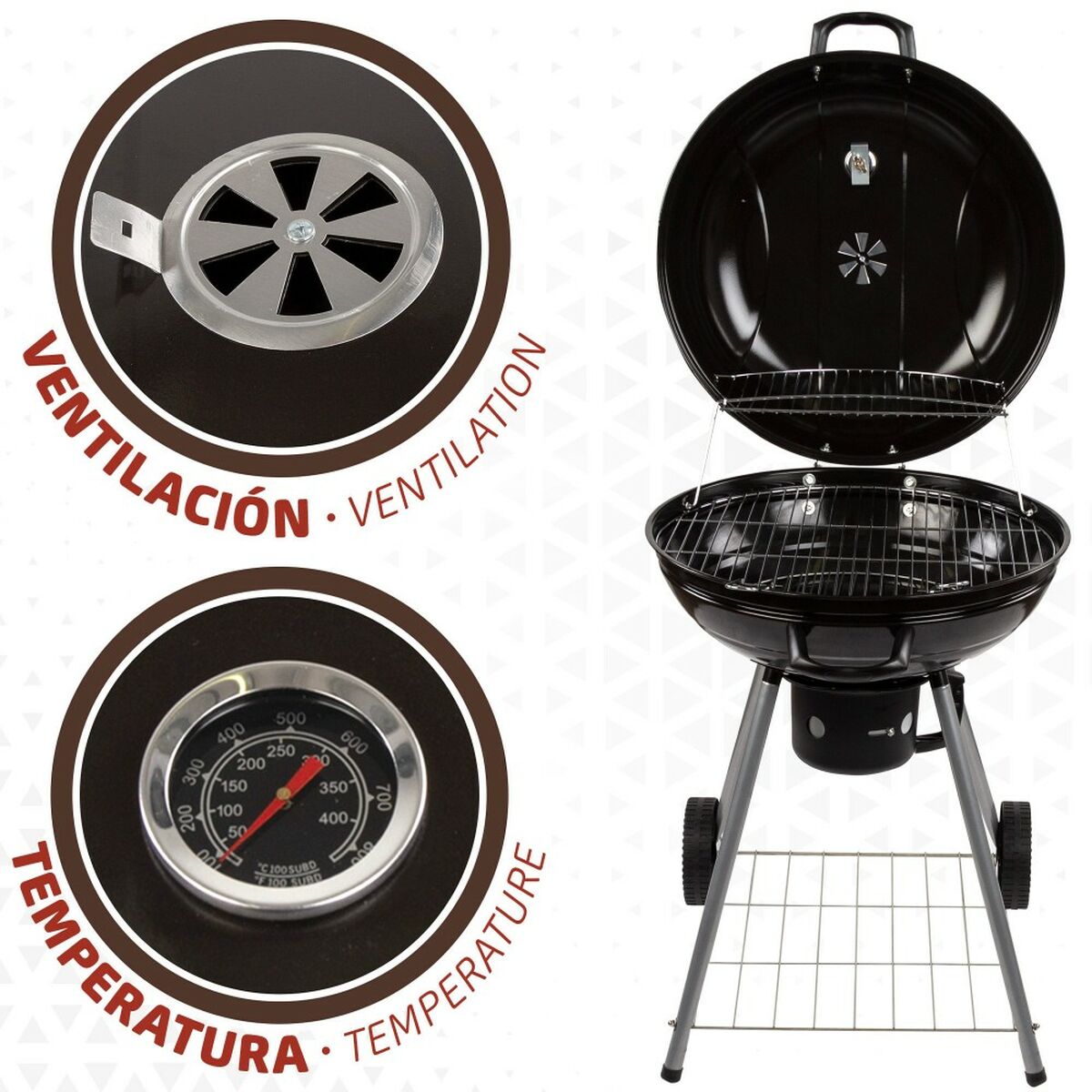 Kolgrill med hjul Aktive Aluminium Emaljerad metall Edények 57 x 86 x 57 cm Svart - 2