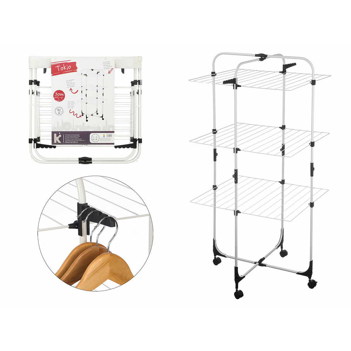 Vertikalt hopfällbart torkställ med hjul Vit Svart Metall 69 x 135 x 62,5 cm (4 antal) - 3