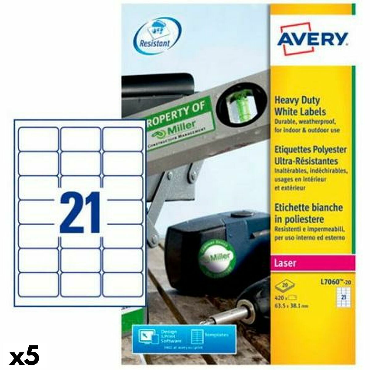 Etiketter till Skrivare Avery Vit 20 Blad 63,5 x 38,1 mm (5 antal)