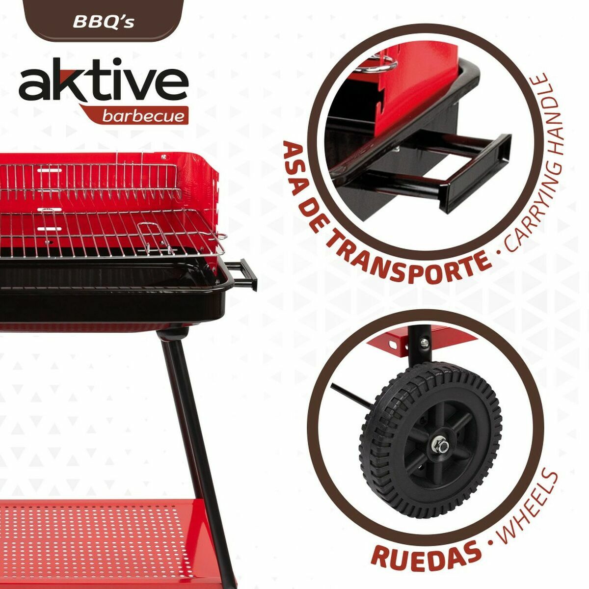 Kolgrill med hjul Aktive Stål Plast 66 x 44 x 85 cm Rektangulär Röd - 2