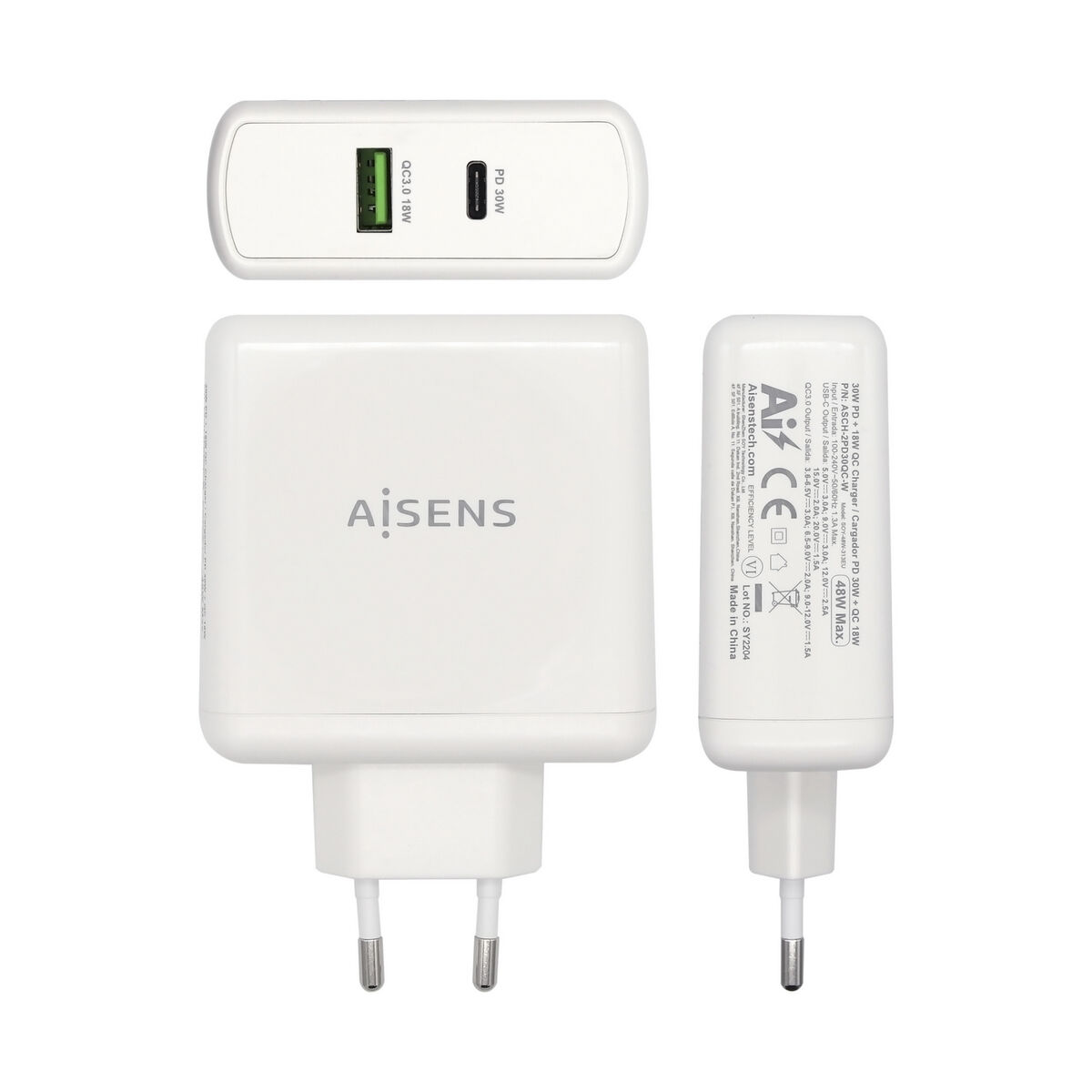 USB-laddare och vägg Aisens ASCH-2PD30QC-W Vit 48 W USB-C (1 antal) - 3