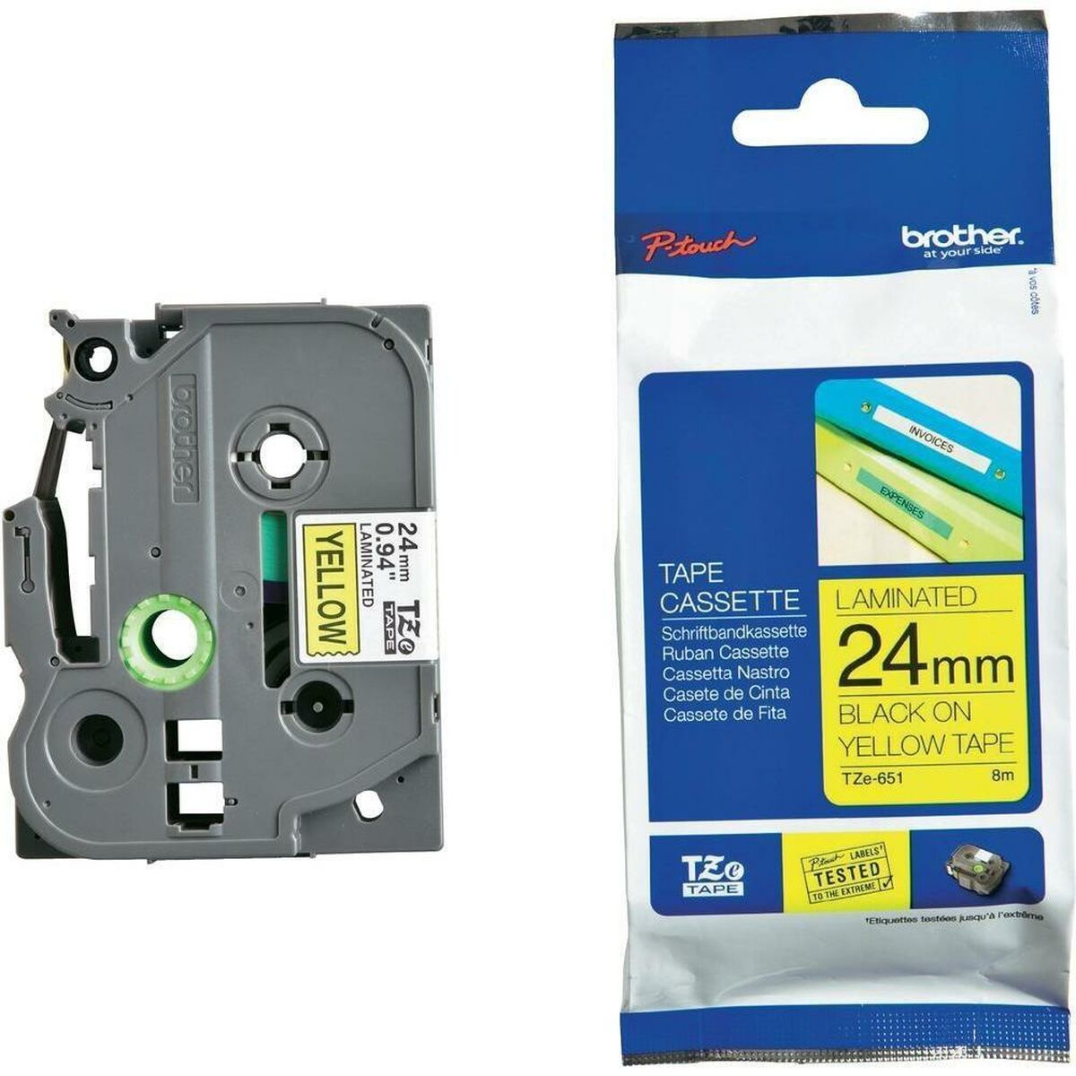 Laminerat Band till Etikettskrivare Brother TZE651 24 mm x 8 m Gul/Svart