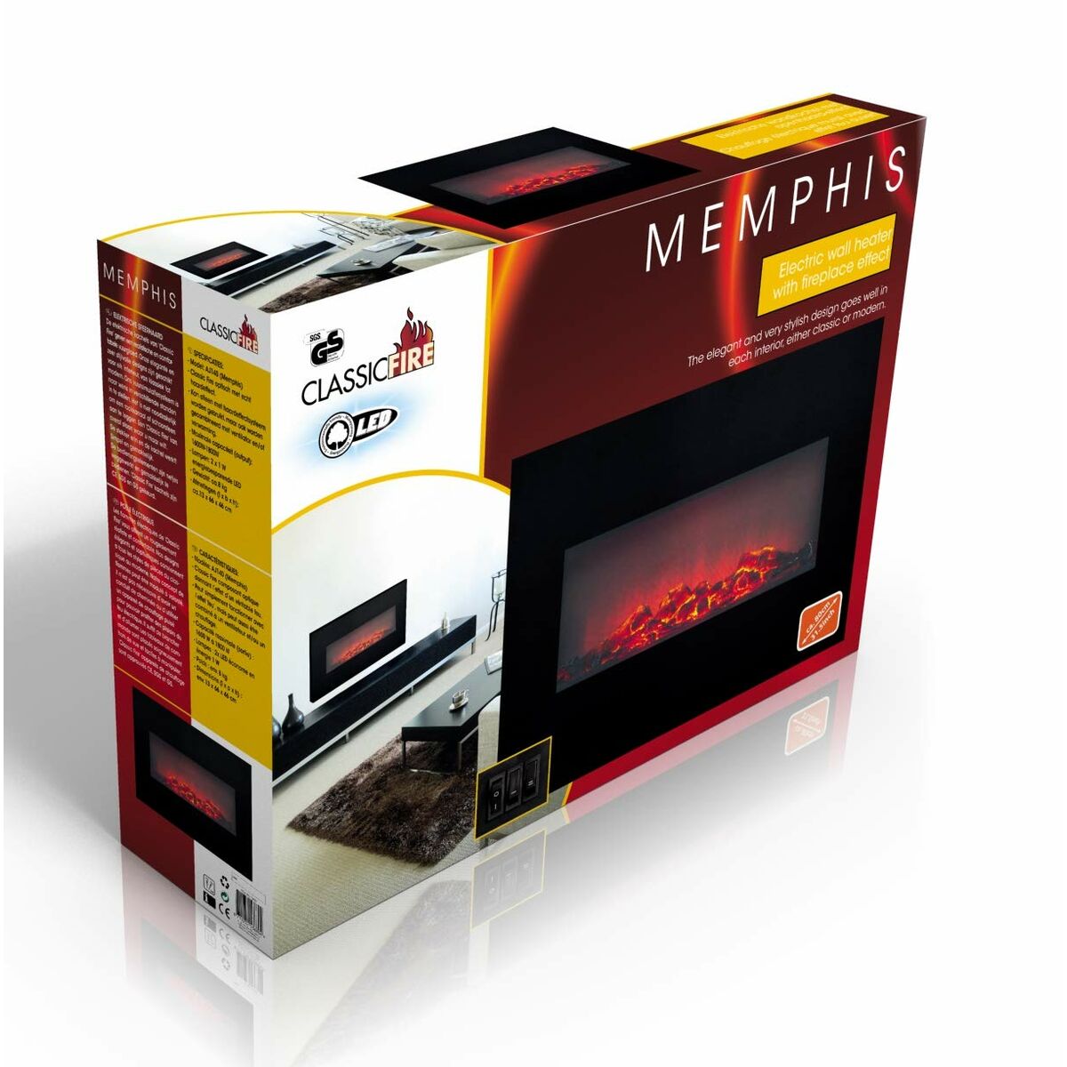 Dekorativ och elektrisk öppen spis för vägg Classic Fire Memphis Svart 1800 W 66 x 13 x 46 cm - 4