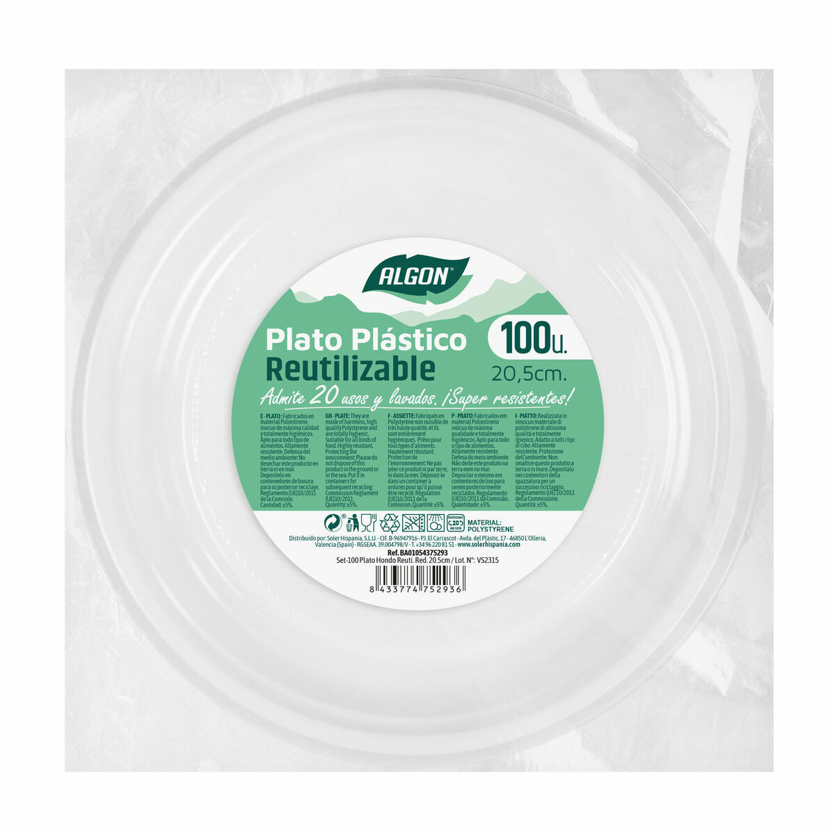 Set med återanvändbara tallrikar Algon Rund Vit Plast 20,5 x 3 cm (6 antal) - 3