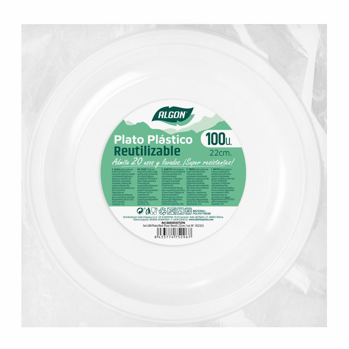 Set med återanvändbara tallrikar Algon Rund Vit Plast 22 x 22 x 1,5 cm (6 antal) - 3