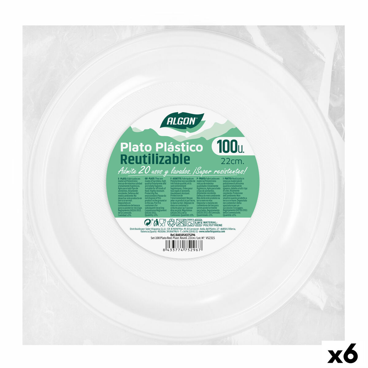 Set med återanvändbara tallrikar Algon Rund Vit Plast 22 x 22 x 1,5 cm (6 antal) - 4