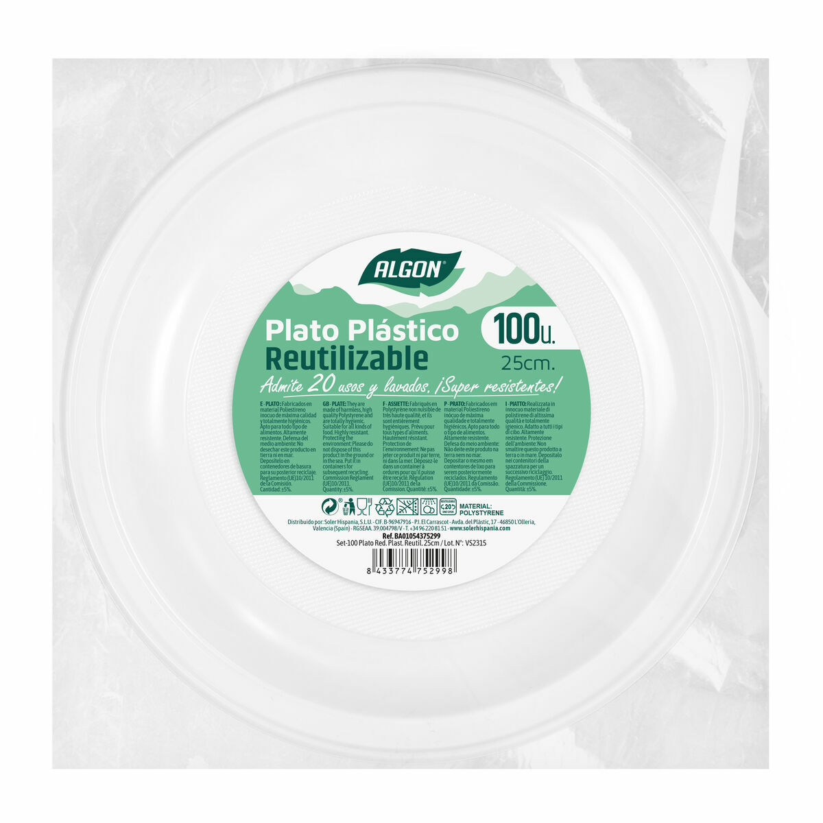 Set med återanvändbara tallrikar Algon Rund Vit Plast 25 x 25 x 2,5 cm (6 antal) - 2