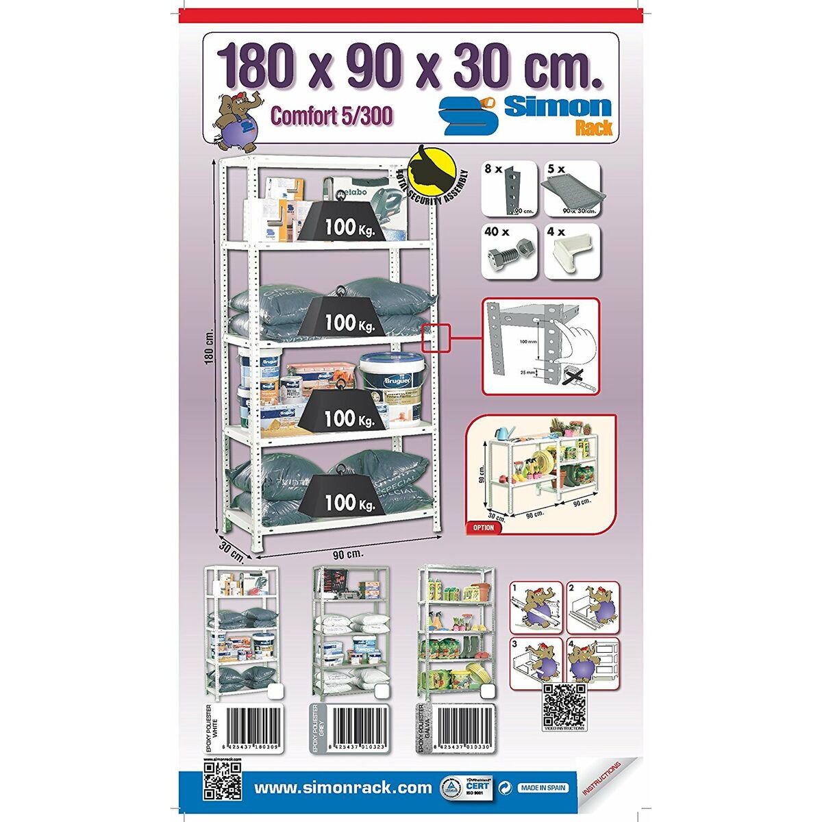 Bokhylla Simon Rack Comfort 5/300 Metall 5 Hyllor 500 kg (180 x 90 x 30 cm) - 2