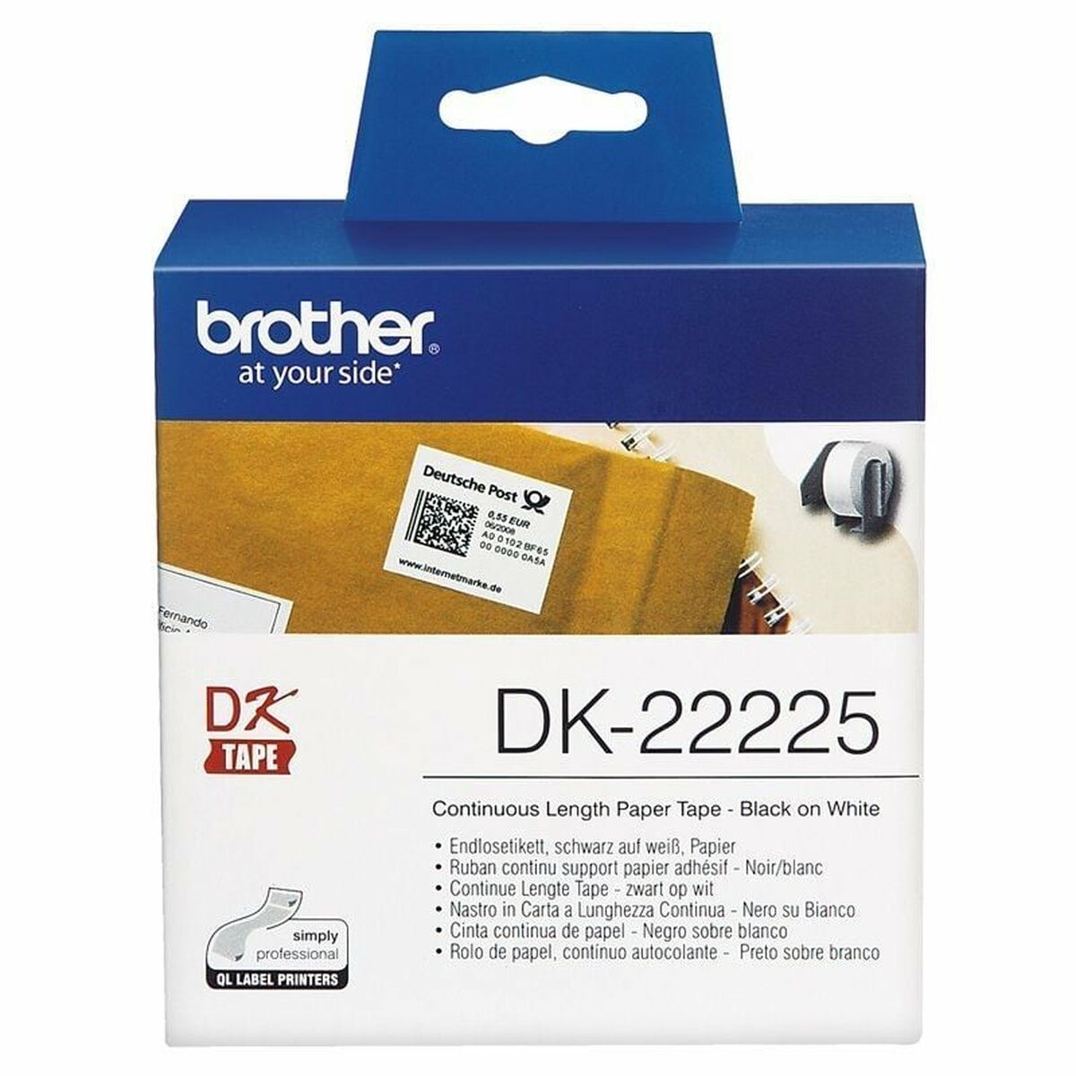 Kontinuerligt papper på rulle Brother DK-22225 Vit Svart/Vit